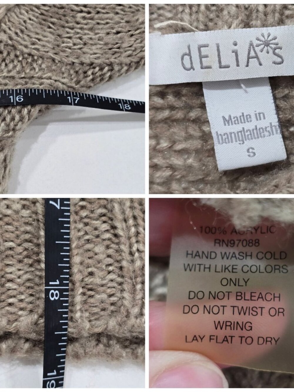 Delias ✦ Cable Knit Short‑Sleeve Sweater ✦ Tan Cowl‑Neck Soft Acrylic Textured S - Picture 7 of 8
